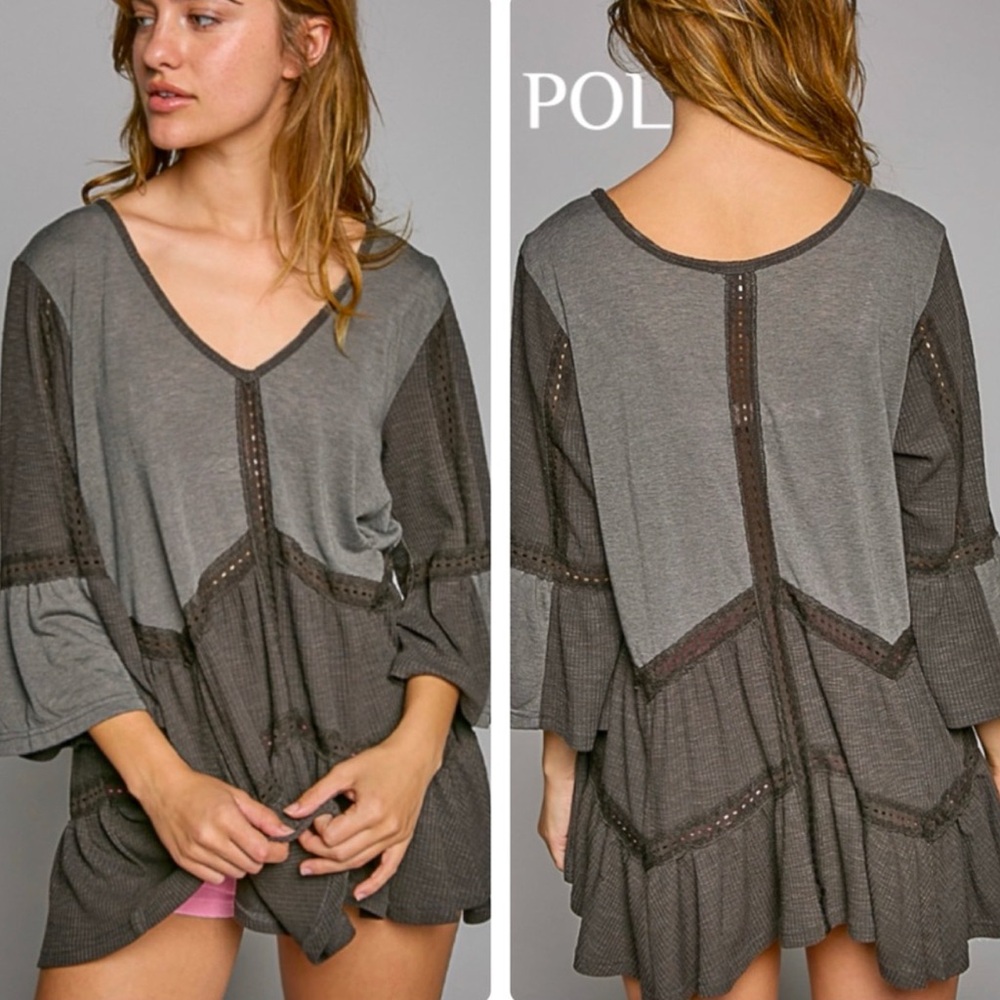 POL Black and Gray Top with Bell Sleeves
